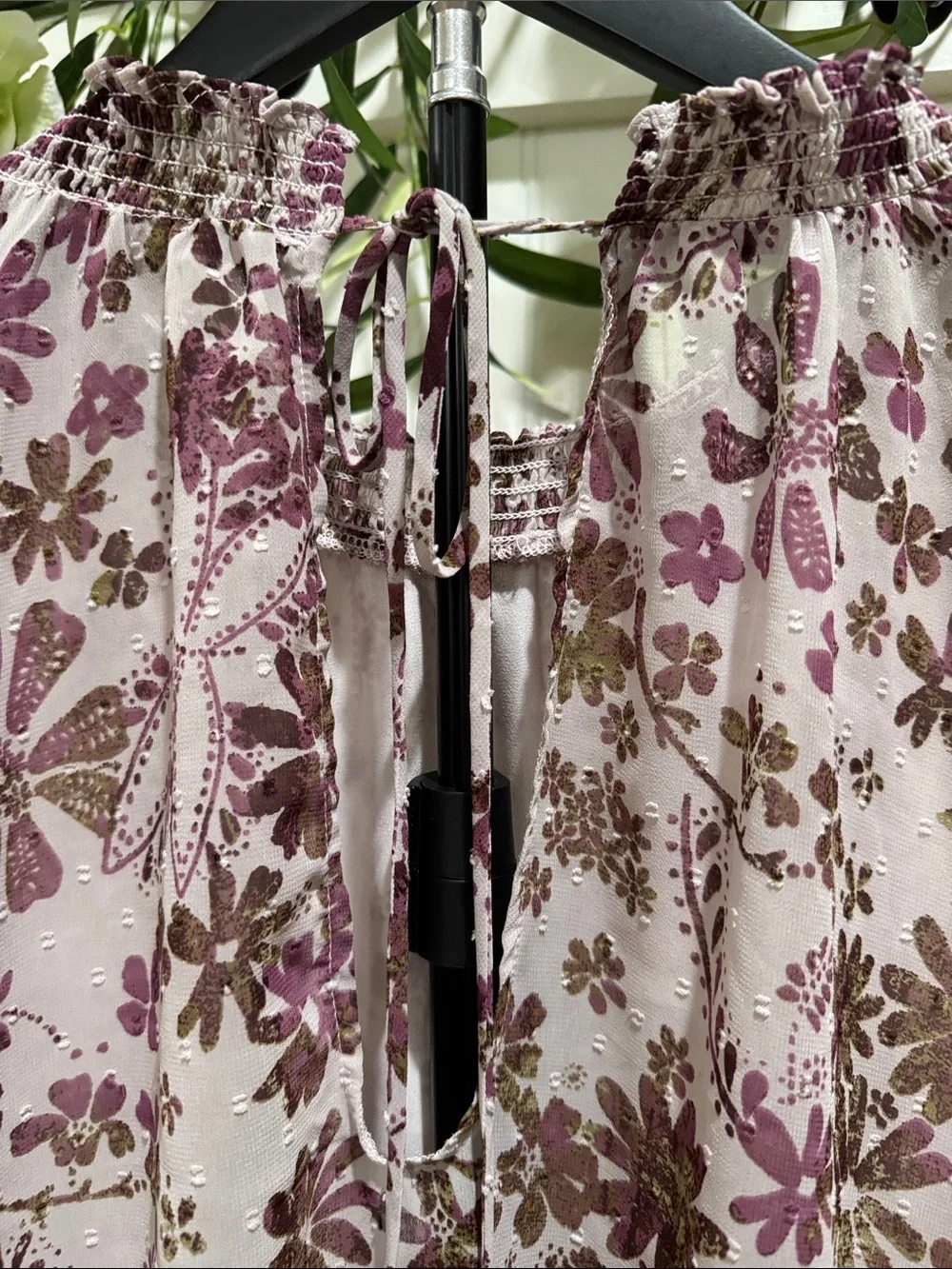 #822 FREE PEOPLE Lavender Brown Floral Smocked-Neck Puff Sleeve Blouse